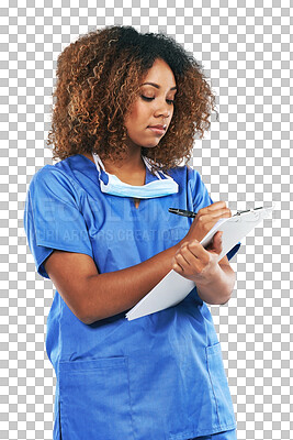 Buy stock photo Nurse, african woman and writing on clipboard isolated on transparent, png background for hospital checklist or management. Healthcare worker, doctor or medical person with paperwork for clinic test