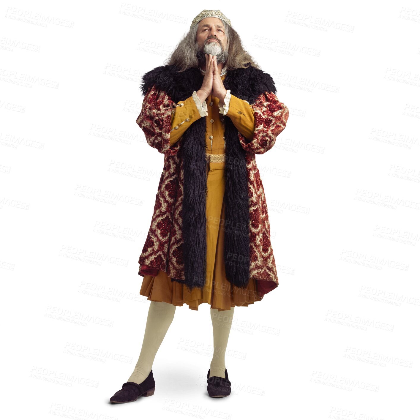 Buy stock photo Thinking, medieval ruler and portrait of king on isolated, png and transparent background. Victorian royalty, renaissance history and senior man in vintage costume for power, leadership and planning