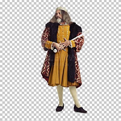 Buy stock photo King, royalty and power of royal man with sword and leadership with luxury fashion. Victorian, vintage crown and mature male with a costume of a leader isolated on a transparent, png background