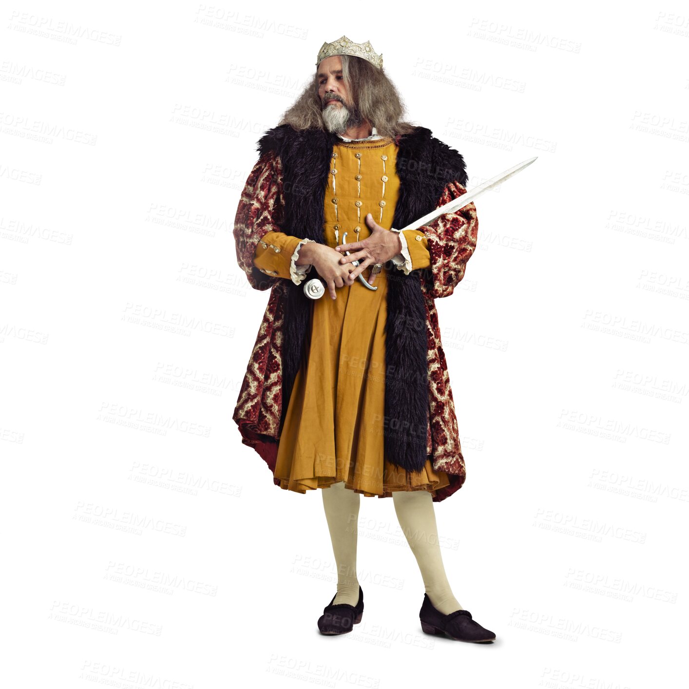 Buy stock photo King, royalty and power of royal man with sword and leadership with luxury fashion. Victorian, vintage crown and mature male with a costume of a leader isolated on a transparent, png background