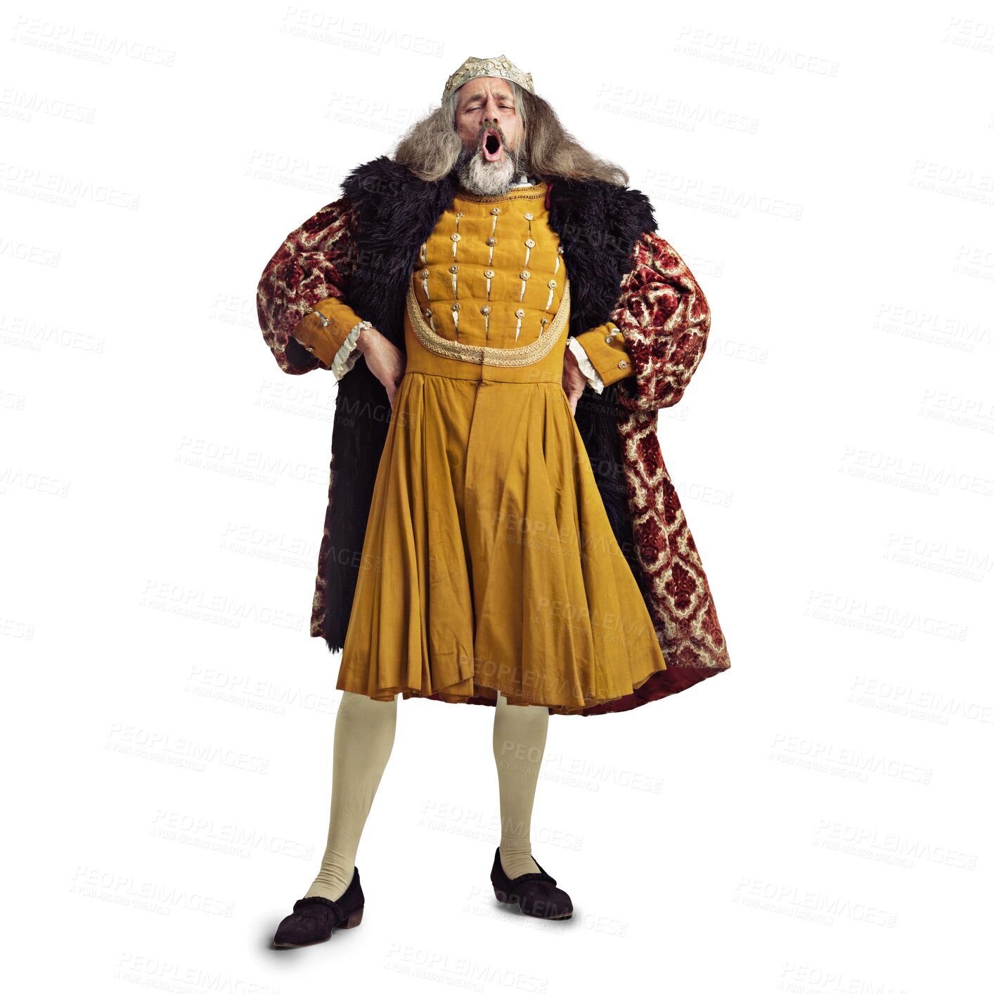 Buy stock photo Yawn, renaissance and portrait of tired king on isolated, png and transparent background. Victorian ruler, renaissance history and sleepy senior man with crown in vintage costume for medieval leader