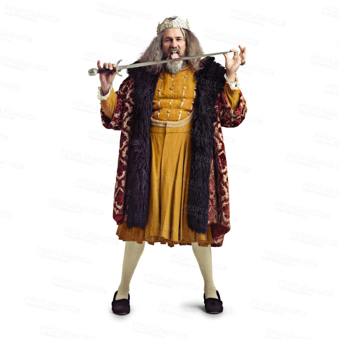 Buy stock photo Man, king and lick sword in portrait, crazy and bloodlust for theatre production by transparent png background. Royal leader, monarch and isolated actor with crown, medieval fashion and taste blade