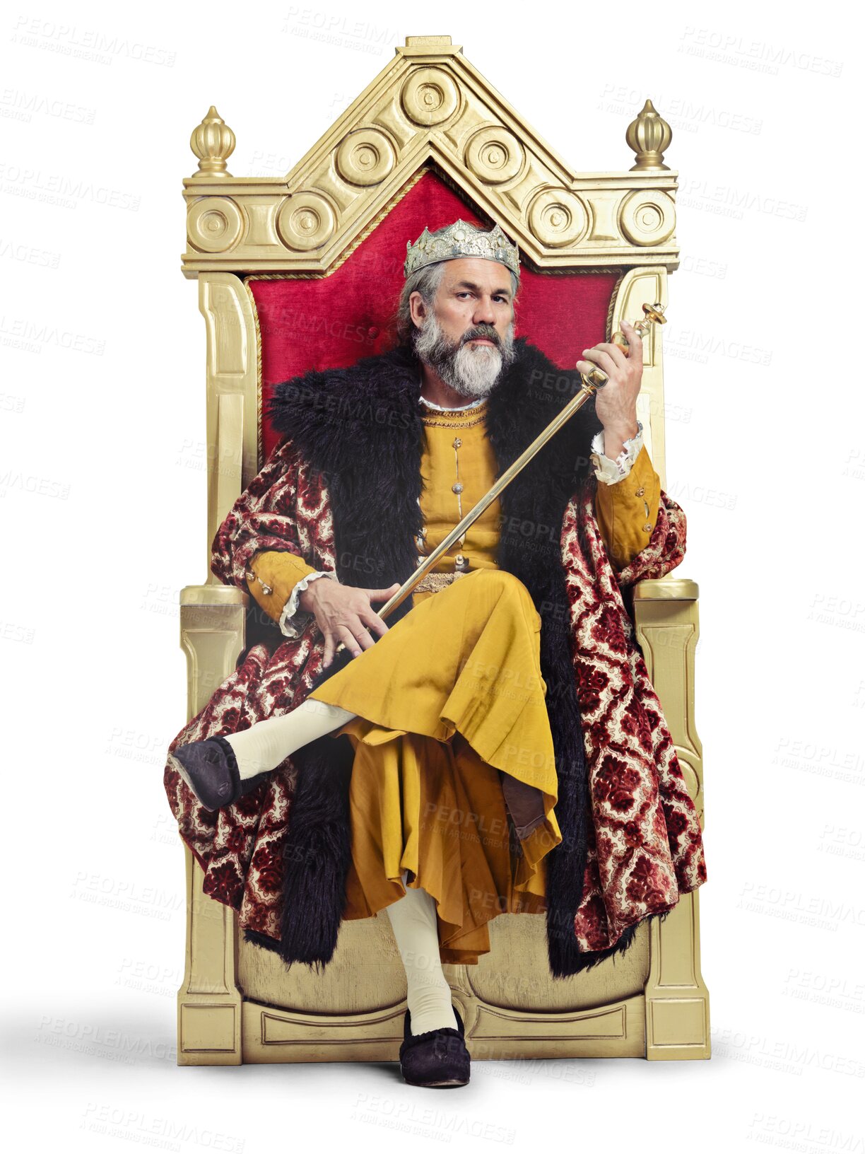 Buy stock photo Old man, king and portrait for sitting on throne for theater production with sword by png background. Royal leader, monarch and isolated actor with crown, medieval fashion and thinking of conflict