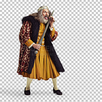 Buy stock photo Man, king and lick blade in portrait, crazy or bloodlust for theatre production by png background. Royal leader, monarch and isolated actor in crown, medieval clothes or taste sword after winning war