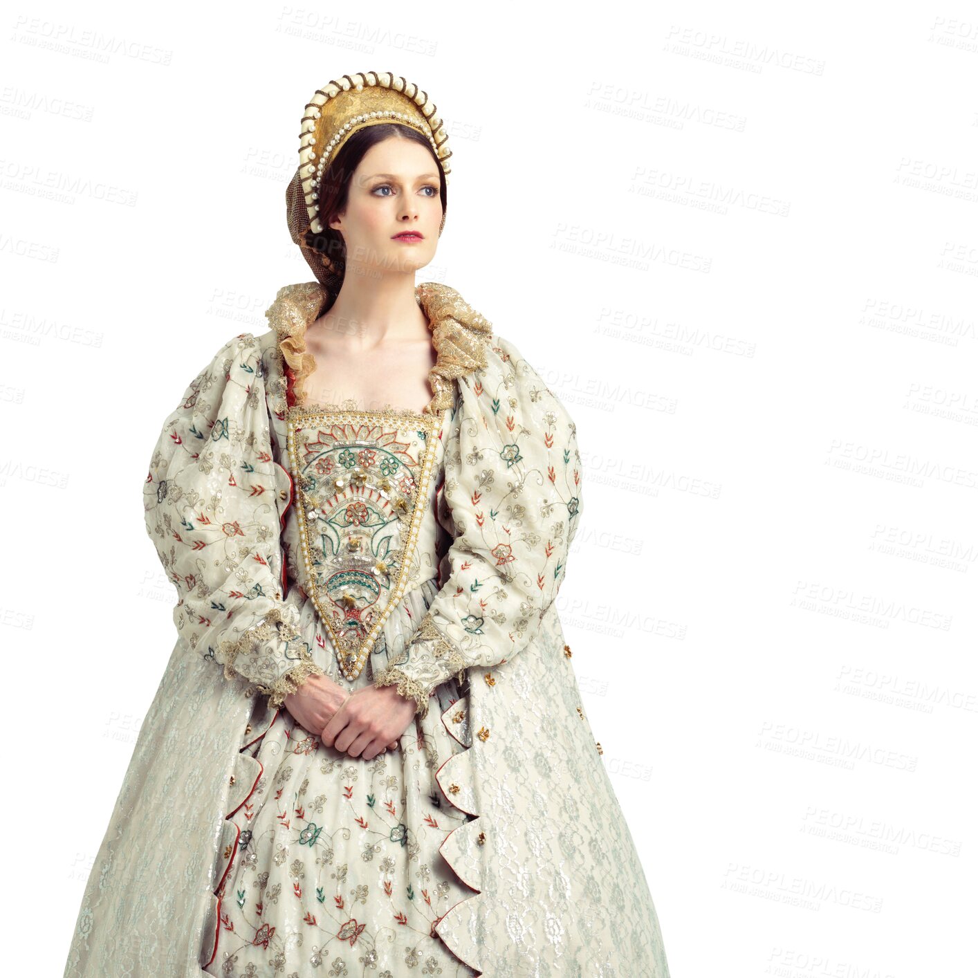 Buy stock photo Medieval, woman and queen costume on isolated, transparent and png background for theatre, drama and rehearsal. Victorian, fashion and female pose in vintage dress, classic and royal aesthetic