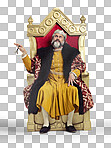 Studio shot of a richly garbed king sitting on a throne isolated on a png background