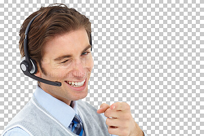 Buy stock photo Call center, business or man portrait with success wink, pointing or confidence in customer service or support. Telemarketing agent, male consultant or employee isolated on transparent png background