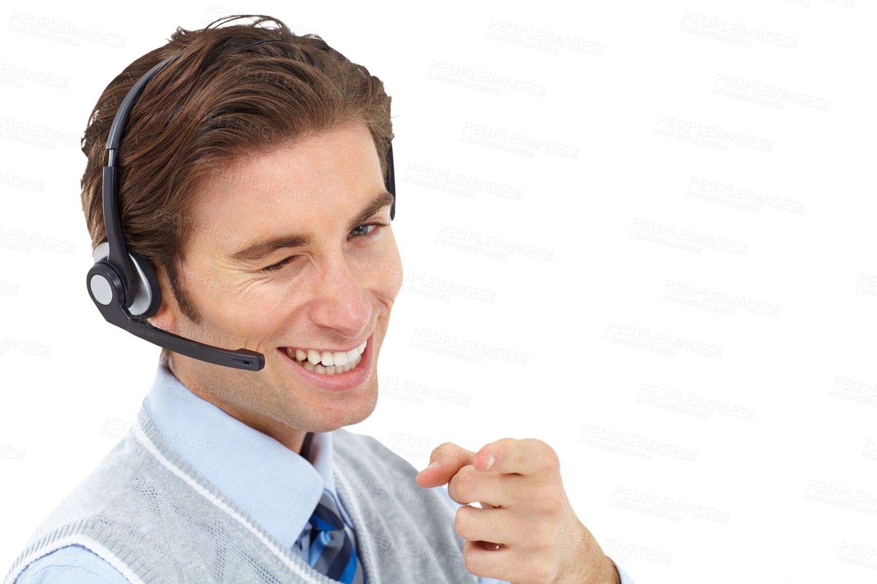 Buy stock photo Call center, business or man portrait with success wink, pointing or confidence in customer service or support. Telemarketing agent, male consultant or employee isolated on transparent png background