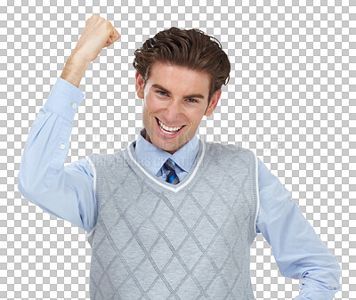 Buy stock photo Portrait, success and business man with winning fist gesture on isolated, transparent and png background. Corporate, achievement and face of male worker with emoji hands for celebration or victory 