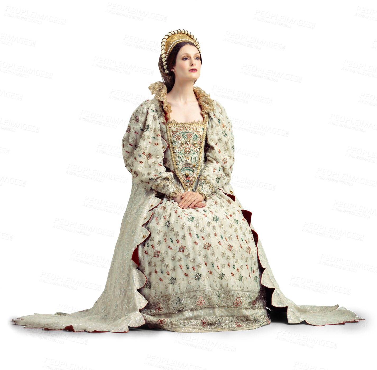 Buy stock photo Queen, royalty and vintage fashion with a woman as monarch ruler in the renaissance. History, wealth and Victorian luxury with a female person as a leader Isolated on a transparent, png background