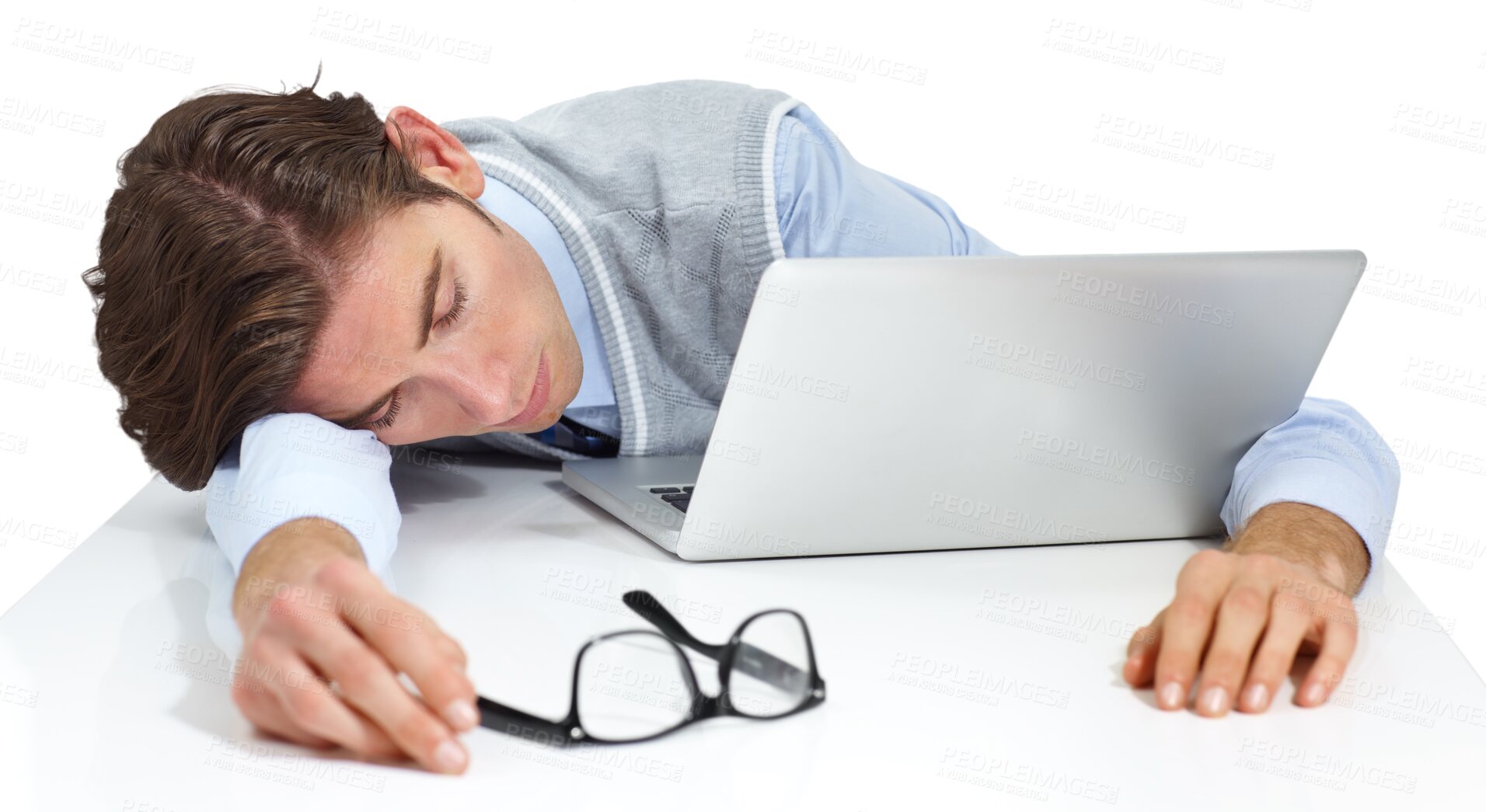 Buy stock photo Tired business man, sleeping and laptop with burnout, glitch and stress at job by png background. Isolated businessman, sleep and fatigue with computer at desk with rest, overworked or headache