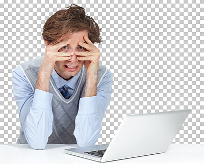 Buy stock photo Laptop, stress and hands on face of man portrait with anxiety on isolated, transparent and png background. Mistake, corporate or employee with guilt, pressure or frustrated by online, glitch or 404