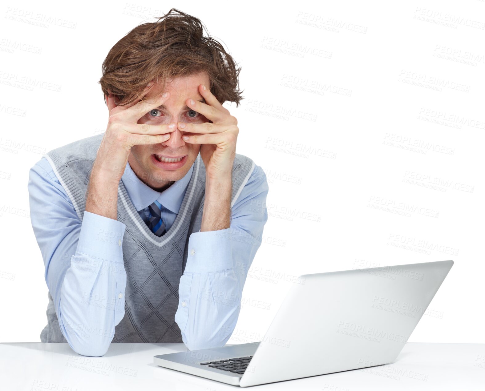 Buy stock photo Laptop, stress and hands on face of man portrait with anxiety on isolated, transparent and png background. Mistake, corporate or employee with guilt, pressure or frustrated by online, glitch or 404