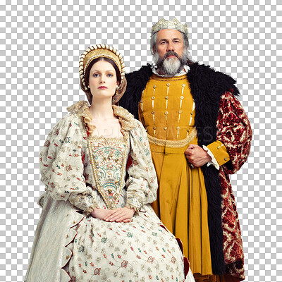 Buy stock photo Queen, king and together in royal portrait for theater, production or leadership by transparent png background. Isolated man, woman and crown with fashion, support and medieval acting with culture