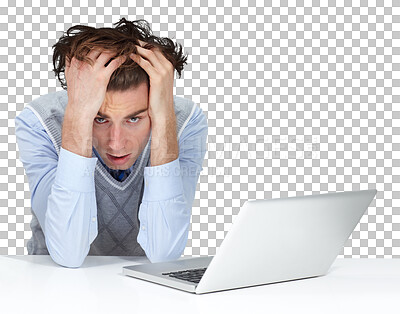 Buy stock photo Stress, headache and portrait of man with laptop on isolated, transparent or png background. Anxiety, face and mistake by male employee in crisis, migraine or frustrated by online, glitch and 404