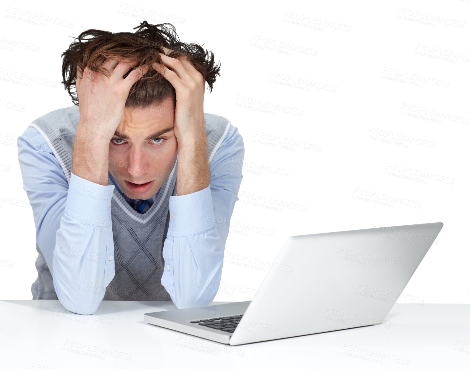 Buy stock photo Stress, headache and portrait of man with laptop on isolated, transparent or png background. Anxiety, face and mistake by male employee in crisis, migraine or frustrated by online, glitch and 404