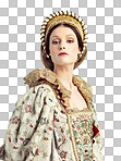 A Renaissance, royalty and portrait of Victorian queen for luxury, history or vintage in England. Medieval, fantasy and beauty with face of woman in regal dress  costume for leader, fashion and elegant isolated on a png background