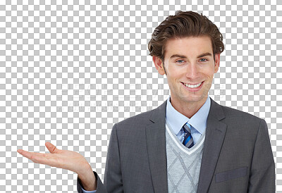 Buy stock photo Hands, portrait and happy business man with offer on isolated, transparent and png background. Hand, gesture and face of male employee smile with deal presentation, promotion or choice gesture