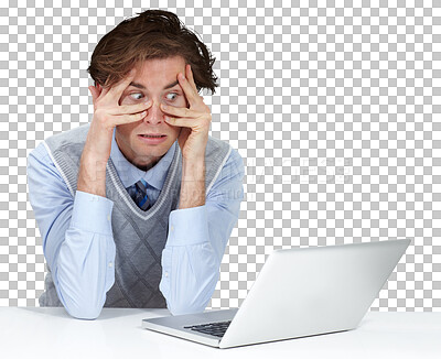 Buy stock photo Stress, laptop hands on face of man with anxiety on isolated, transparent and png background. Panic attack, mistake and corporate employee with guilt, pressure or frustrated by online, glitch or 404