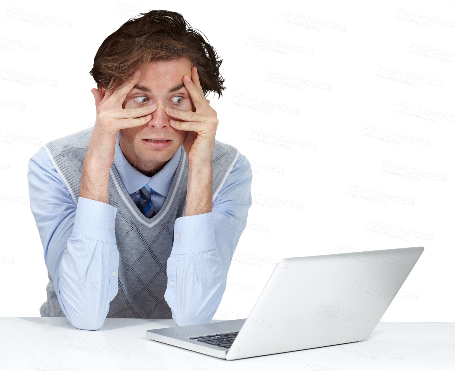 Buy stock photo Stress, laptop hands on face of man with anxiety on isolated, transparent and png background. Panic attack, mistake and corporate employee with guilt, pressure or frustrated by online, glitch or 404