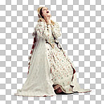A Queen, surprise face and vintage costume for announcement, theatre party dress up or scared character. Woman, shocked and wow for renaissance history event isolated on a png background