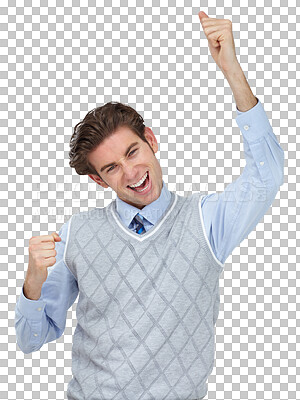 Buy stock photo Success, portrait and business man fist in winning on isolated, transparent and png background. Happy corporate, achievement and face of male worker with emoji hands for celebration or victory 