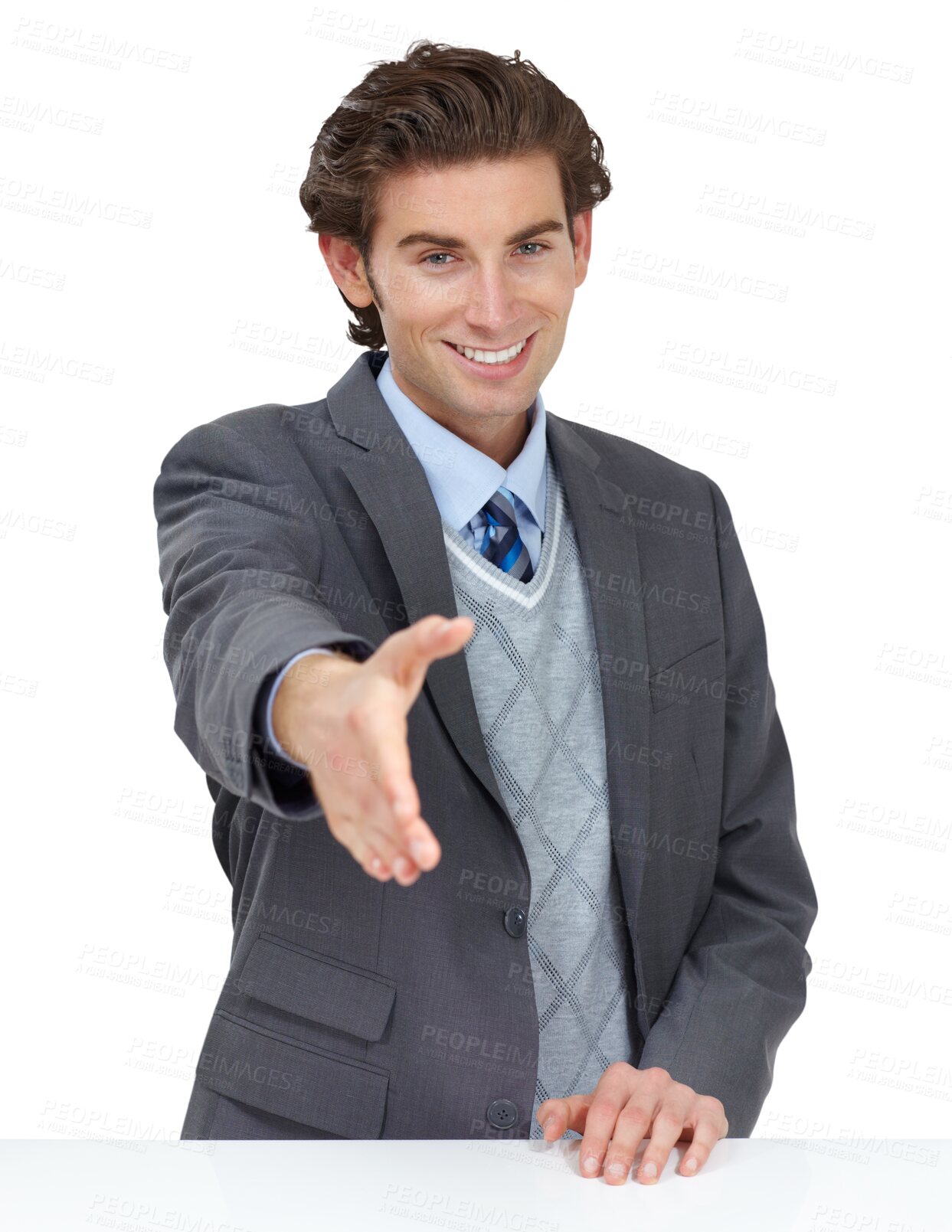 Buy stock photo Portrait, handshake and businessman with welcome emoji on isolated, transparent or png background. Face, b2b and male hr with shaking hands offer for welcome, deal or thank you, partnership or hiring