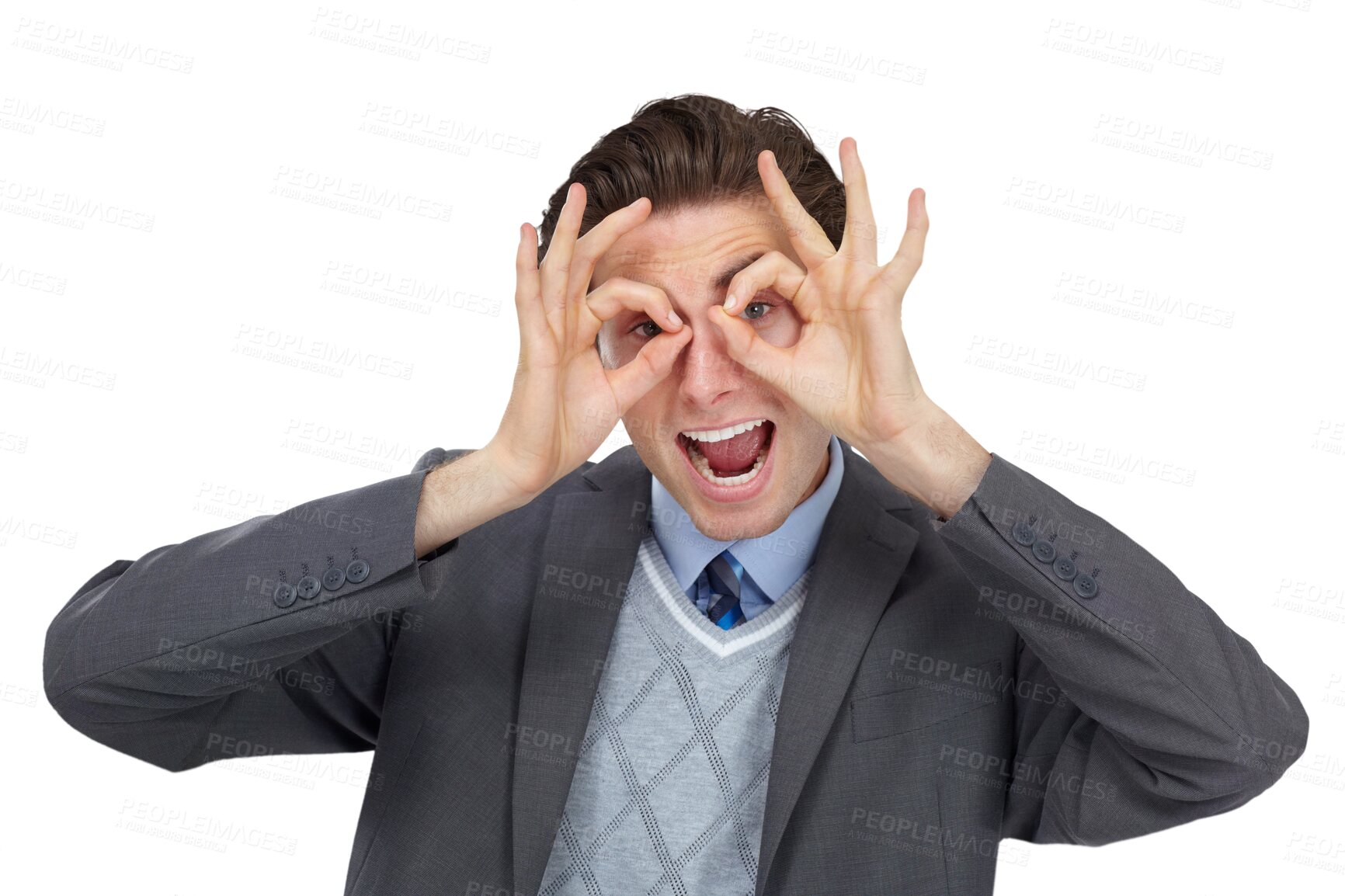 Buy stock photo Hand, portrait and binocular gesture by businessman on isolated, transparent and png background. Hands, frame and corporate man being goofy, joke and comic, humor and silly faces, playful and glasses