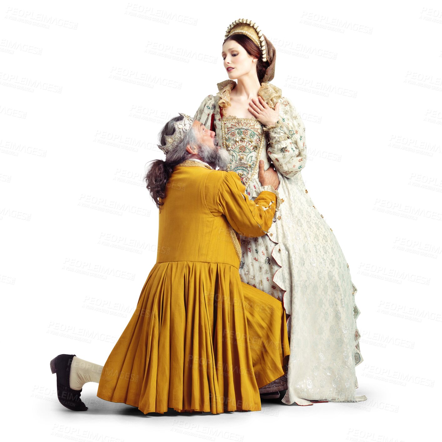 Buy stock photo Queen, king and begging compassion in royal marriage for theater production, trust or culture by png background. Isolated man, woman and crown for medieval couple, question or acting for forgiveness