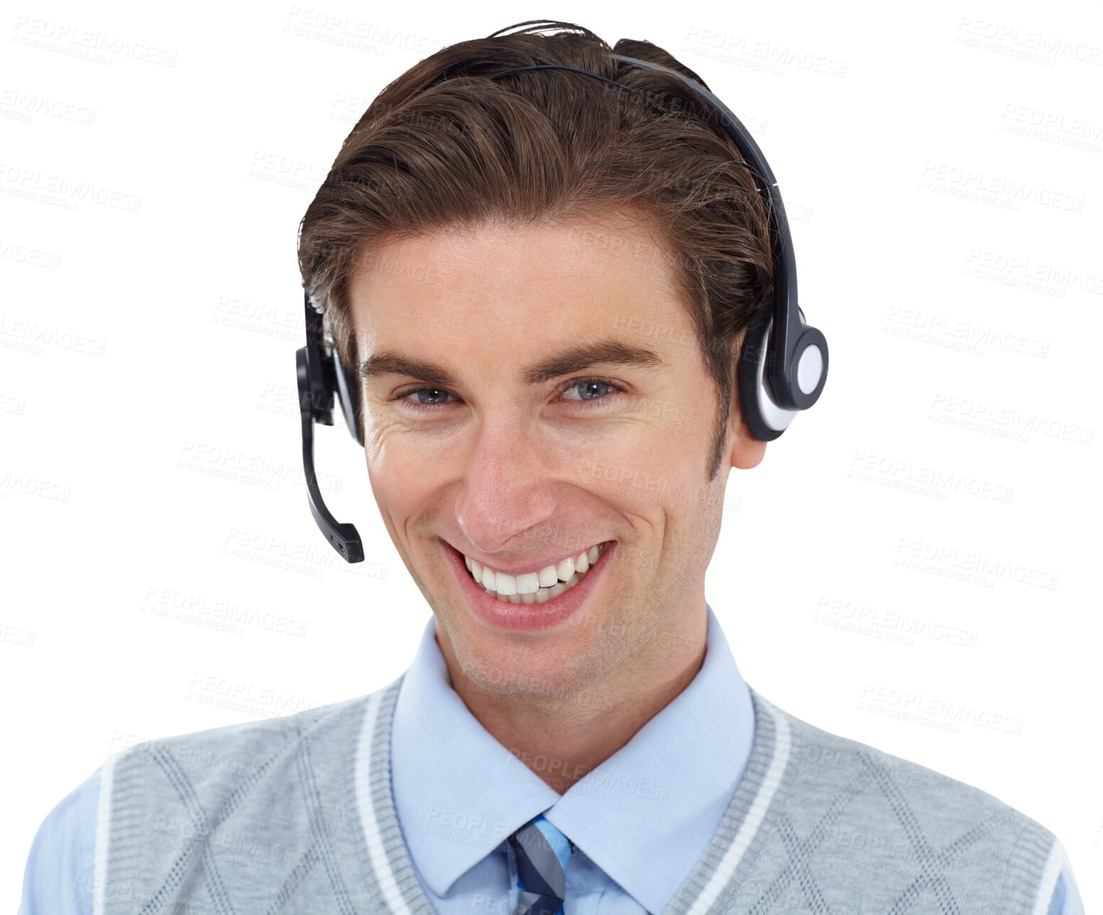 Buy stock photo Call center, business man and portrait with success smile and confidence in customer service and support. Telemarketing agent, male consultant and employee isolated on a transparent png background