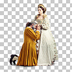 A Studio shot of a king kneeling and kissing his queen&#039;s hand isolated on a png background