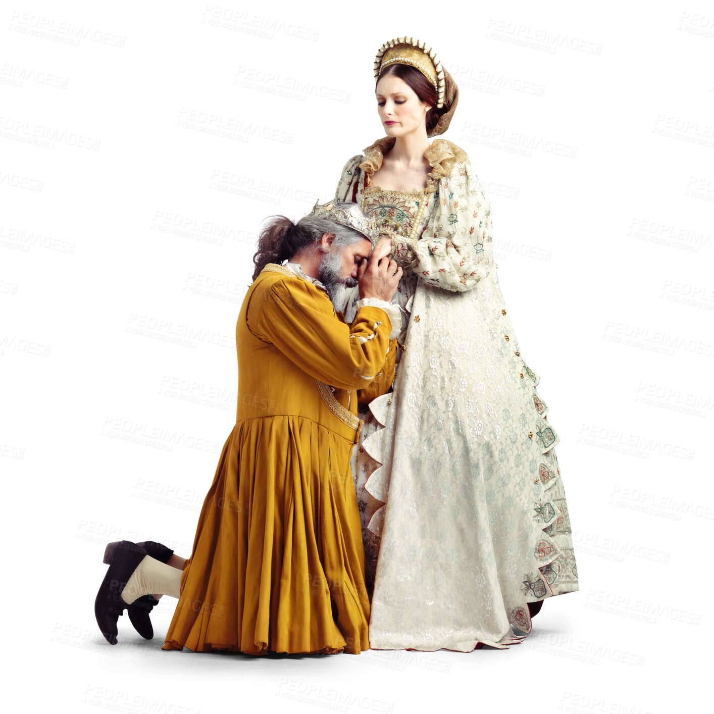 Buy stock photo King, kneeling and queen by man and woman in stage, theater performance on isolated transparent png background. Medieval, begging and royal people in vintage costume for show, cosplay and acting