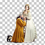 A Studio shot of a king kneeling and kissing his queen&#039;s hand isolated on a png background