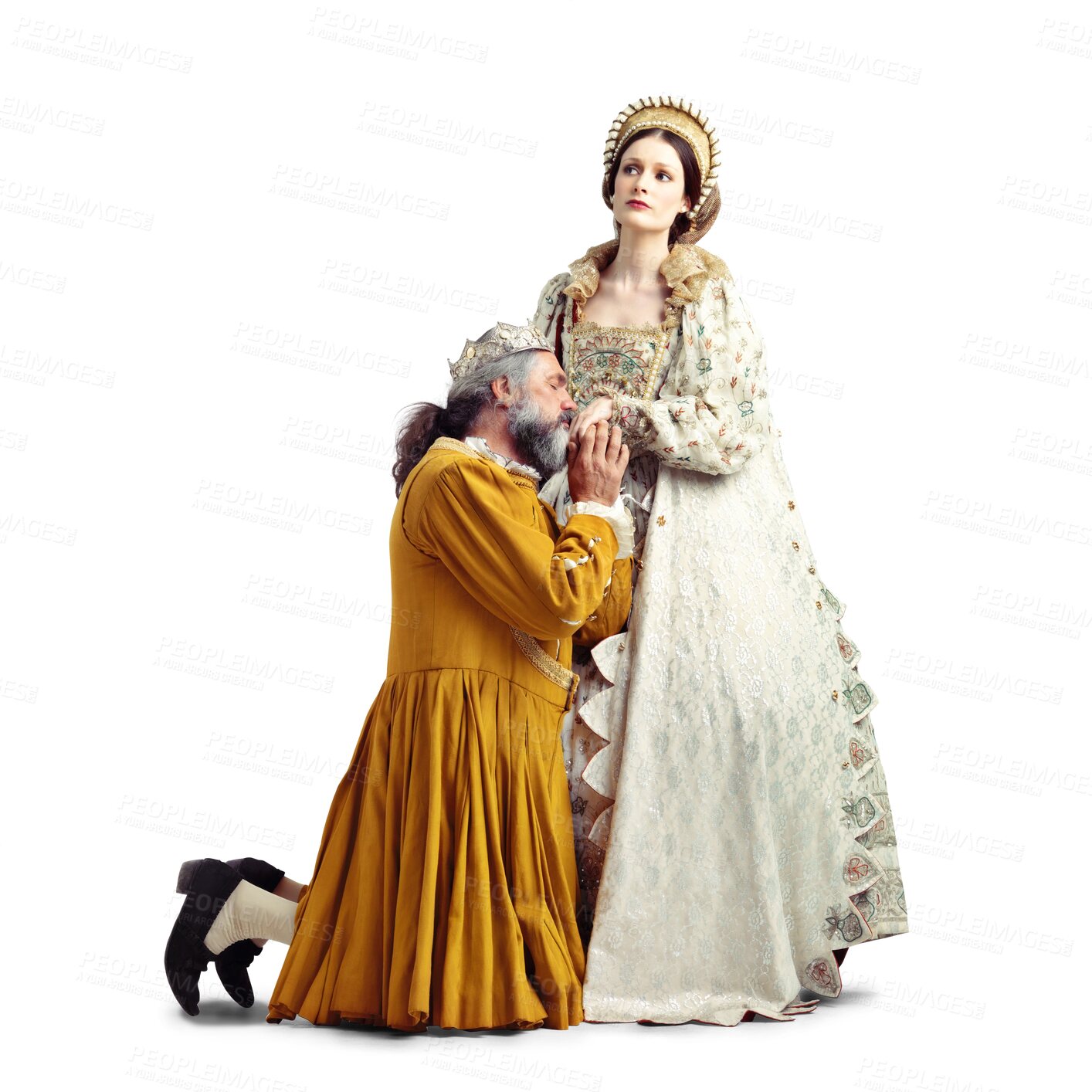 Buy stock photo Queen, king and begging for forgiveness, love or empathy in royal marriage for theater, trust or culture by png background. Medieval couple, isolated man and woman ignore kiss on hand for compassion