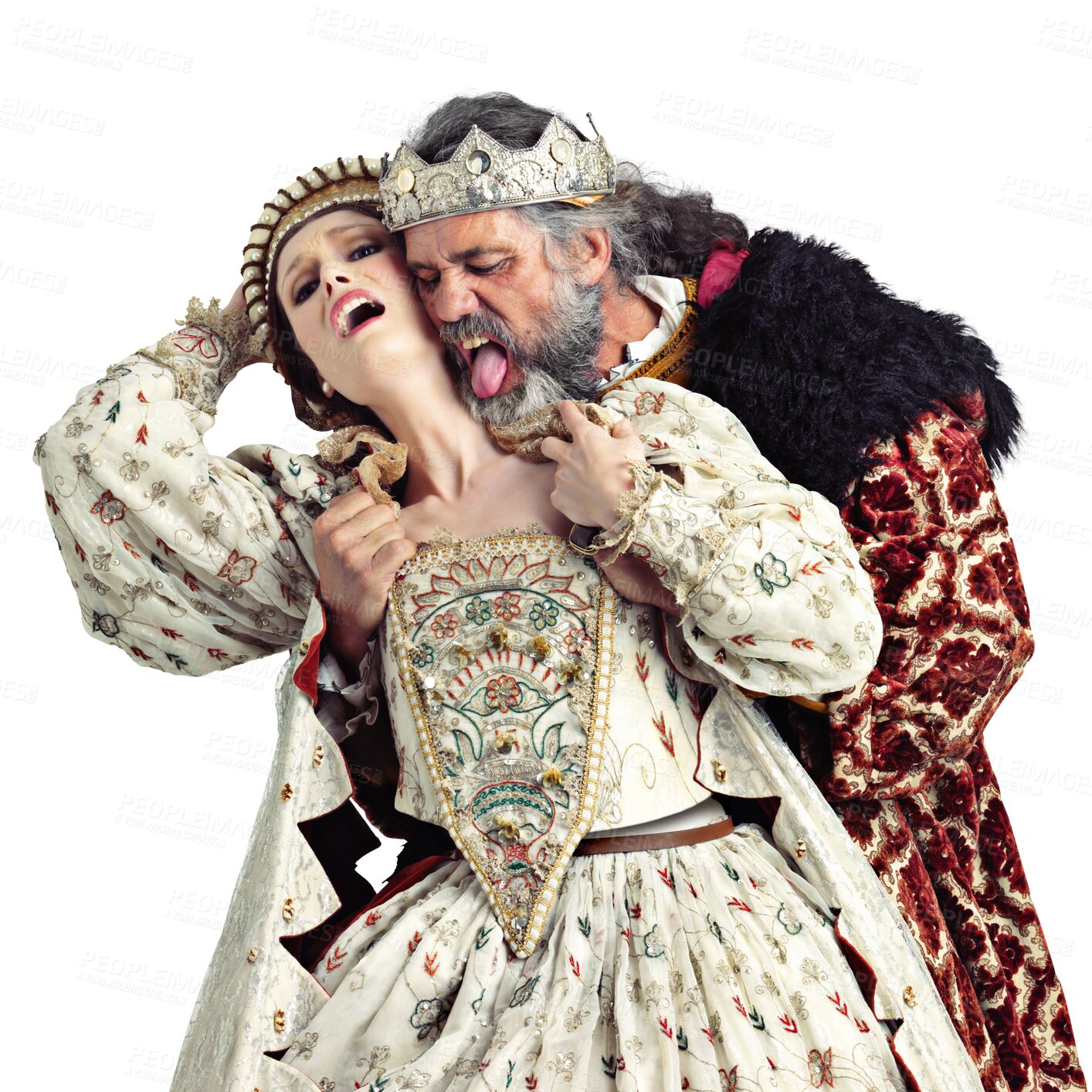 Buy stock photo Theatre, king and queen with medieval costume in violent embrace isolated on transparent, png background. Art, character violence and renaissance stage performance, man and woman in medieval fashion.