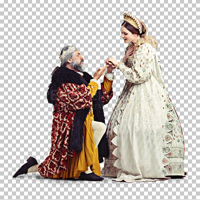 Buy stock photo Marriage, king and queen in medieval costume with crown, proposal and theatre actor in stage performance art. History, man on knee and woman in renaissance act isolated on transparent, png background