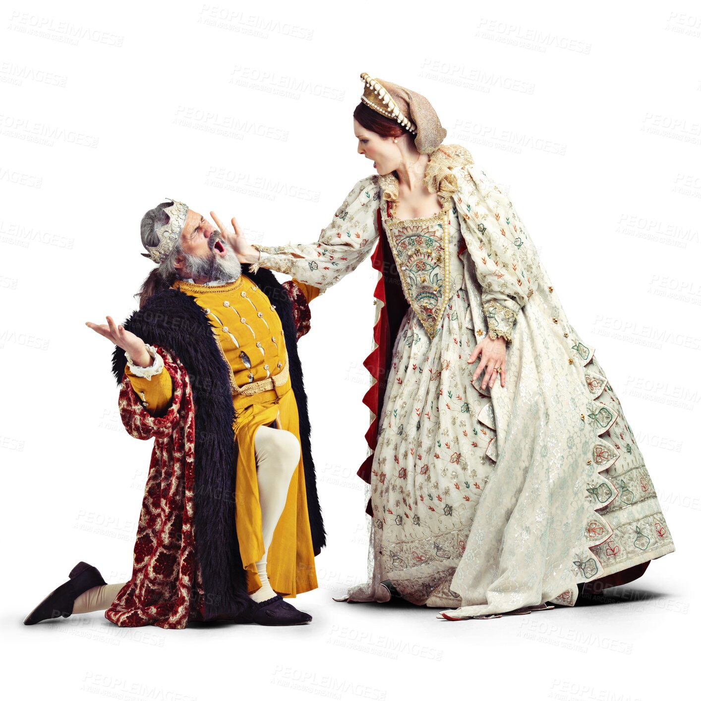 Buy stock photo Medieval costume, king and queen with violence, marriage crisis and theatre couple in performance art fight. History, man on knee and woman in renaissance act isolated on transparent, png background.