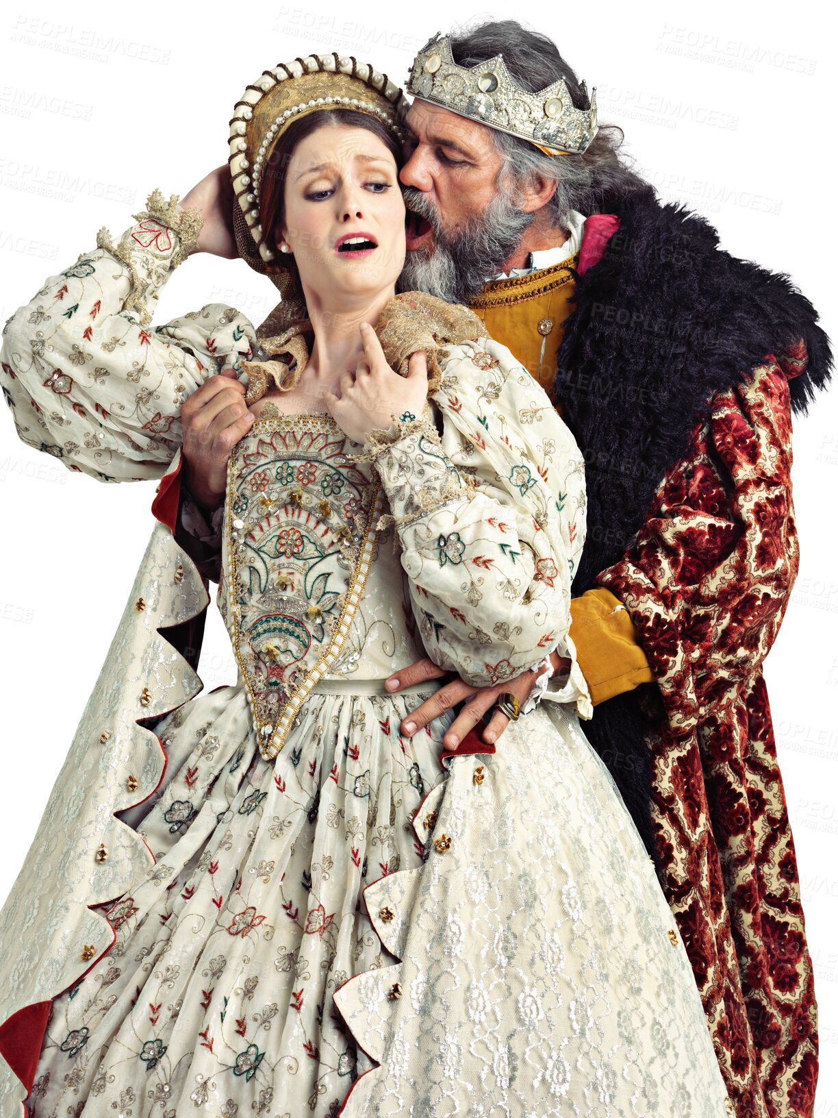 Buy stock photo Theatre, king and shocked queen with medieval costume in embrace isolated on transparent, png background. Art, character violence and renaissance performance, man and woman with fashion in history.