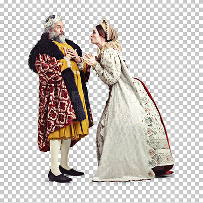 Buy stock photo Fight, medieval king and queen in argument, vintage costume and marriage problem in theatre performance art. History, royal couple fighting and renaissance act isolated on transparent, png background