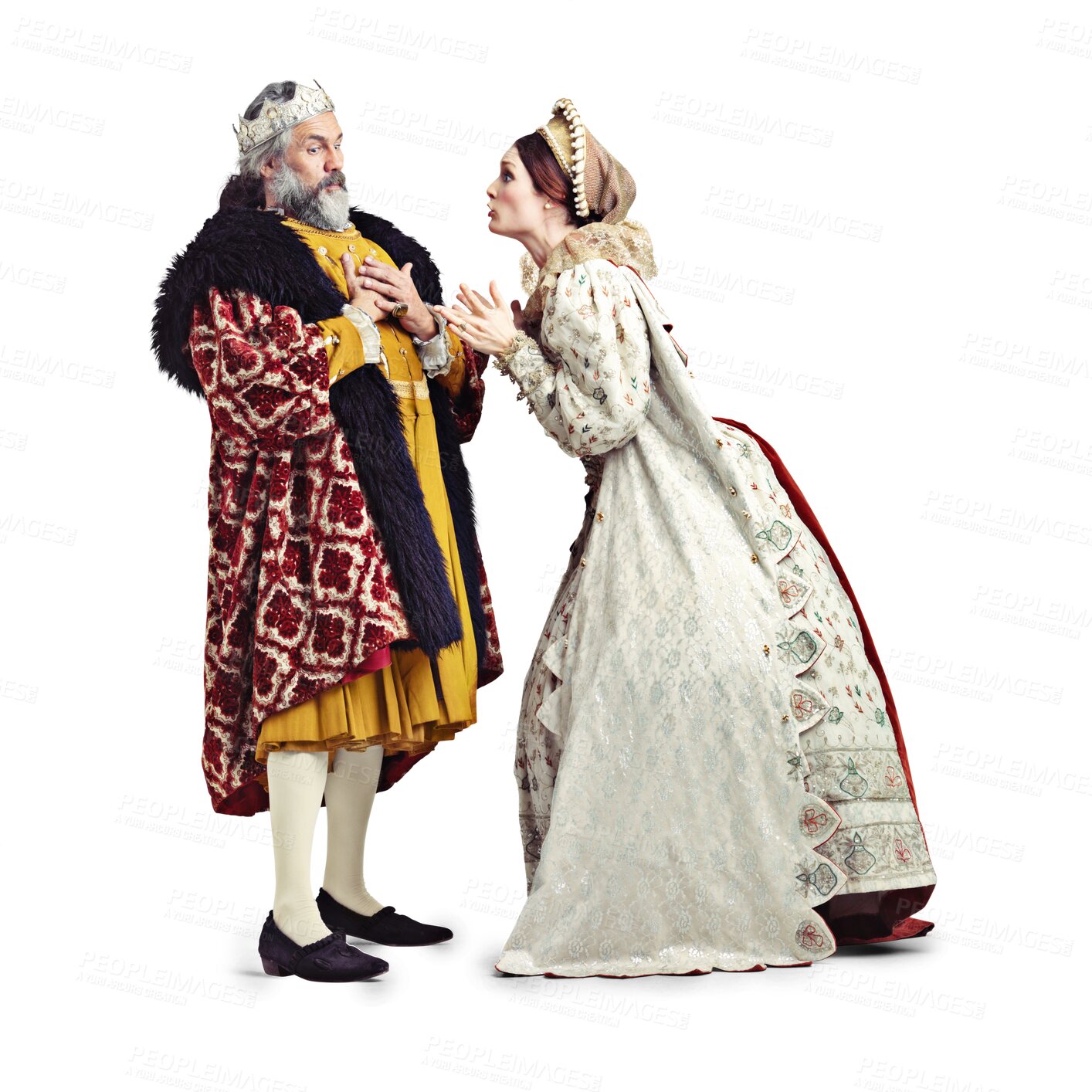 Buy stock photo Fight, medieval king and queen in argument, vintage costume and marriage problem in theatre performance art. History, royal couple fighting and renaissance act isolated on transparent, png background