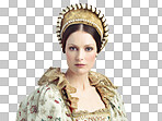 A Portrait, queen and woman with medieval and renaissance costume, luxury and crown. Headshot, history and Shakespeare theatre, cosplay and vintage with female monarch isolated on a png background