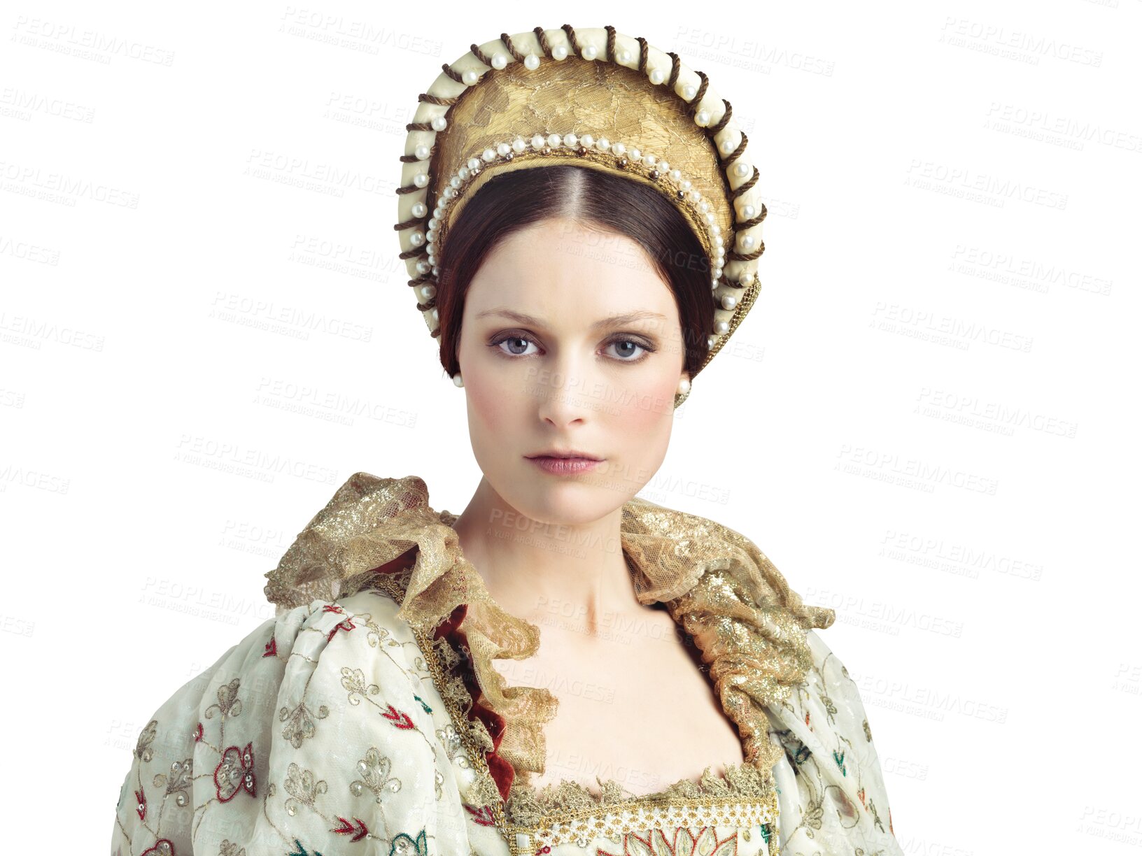 Buy stock photo Portrait, queen and woman in royal fashion on isolated, transparent or png background. Theatre, face and lady with crown, vintage or clothing for medieval, show or rehearsal in victorian aesthetic