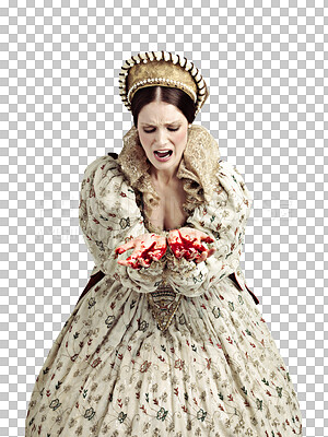 Buy stock photo Queen, scream and blood on her hands in shocked or terrified isolated on a transparent png background. Female ruler with crown of monarch or noble majesty screaming in death, shock or bloody murder