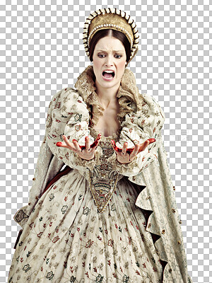 Buy stock photo Medieval, costume and shocked queen with blood on hands isolated on transparent, png background. Renaissance fashion, drama actor and woman in vintage murder mystery theatre show with bloody hand.