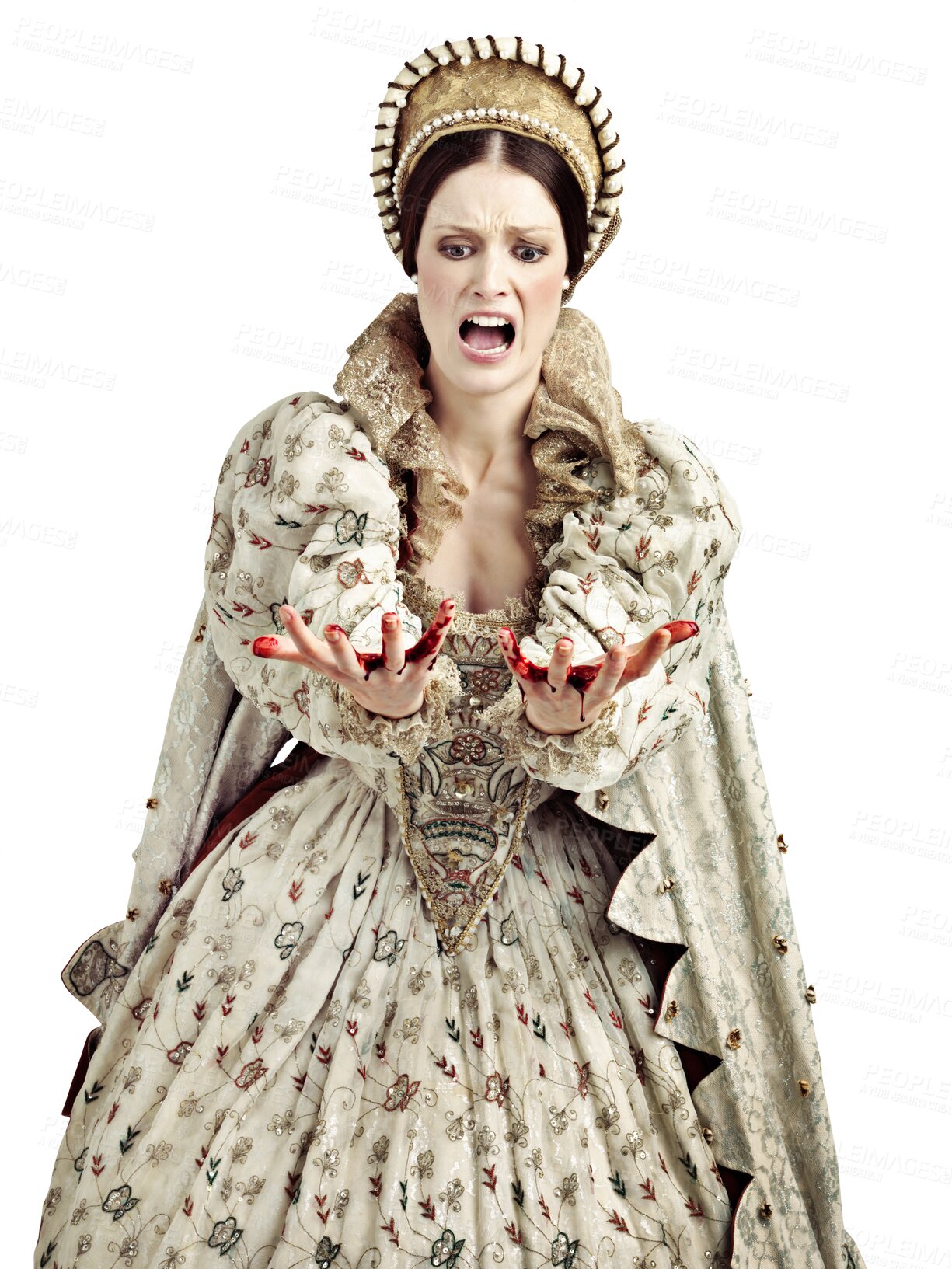 Buy stock photo Medieval, costume and shocked queen with blood on hands isolated on transparent, png background. Renaissance fashion, drama actor and woman in vintage murder mystery theatre show with bloody hand.