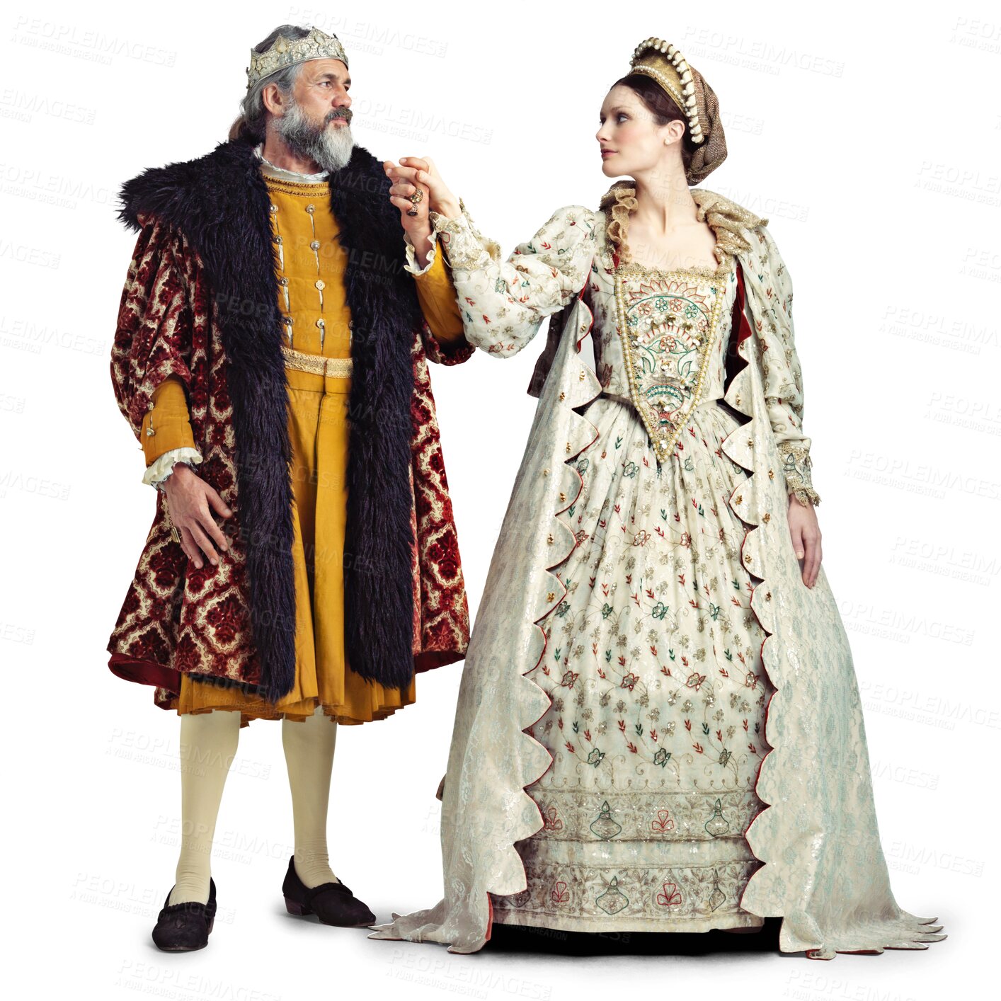 Buy stock photo Medieval costume, king and queen holding hands at vintage wedding, theatre couple in performance art. History, man and woman in renaissance marriage stage act isolated on transparent, png background.