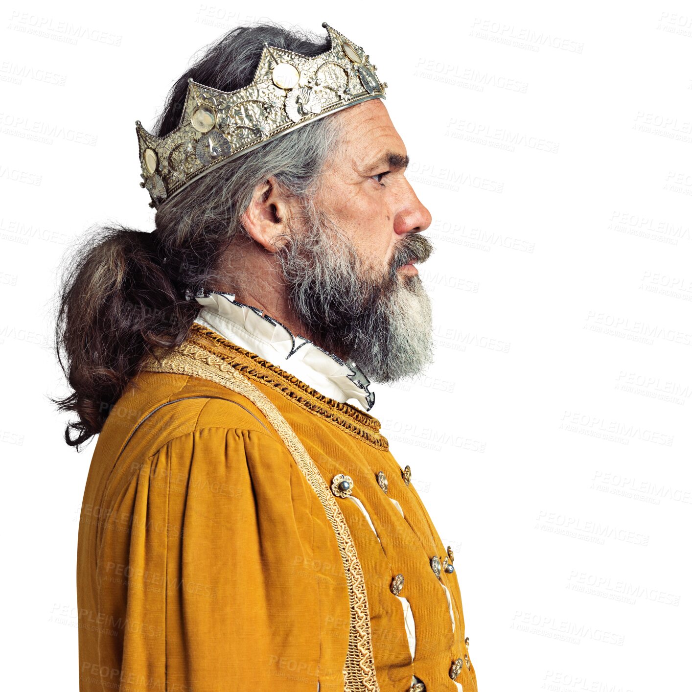 Buy stock photo King, crown and man in royal profile isolated, transparent and png background for theatre, drama and rehearsal. Medieval, fashion and power in vintage, classic and royalty aesthetic of male model