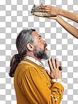 King, crown with senior man and monarch, history with renaissance and royalty isolated on a png background. Vintage, medieval and worship, hands and male profile, coronation with gold and cosplay