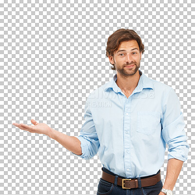 Buy stock photo Portrait, business man and hand palm with space for idea or advertising on a transparent, png background. Face, happy man and hands for choice, promotion or marketing decision or launch of deal