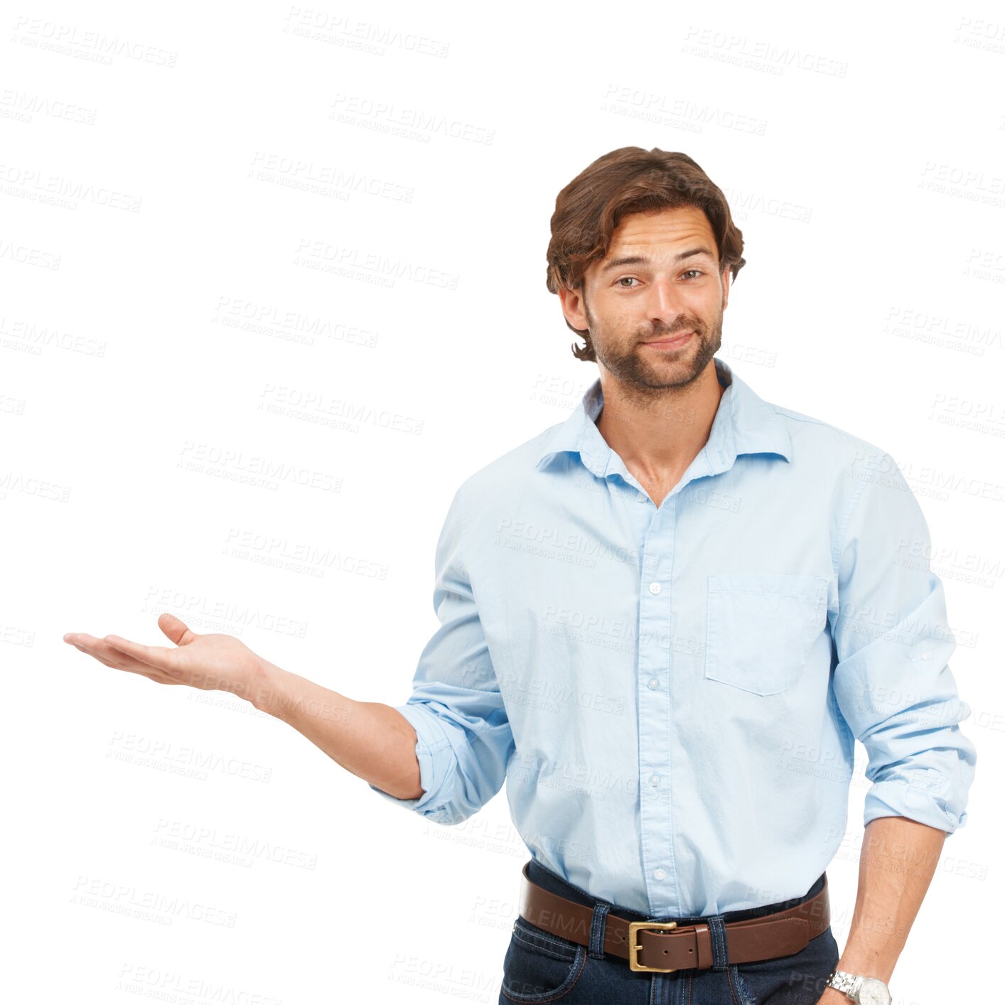 Buy stock photo Portrait, business man and hand palm with space for idea or advertising on a transparent, png background. Face, happy man and hands for choice, promotion or marketing decision or launch of deal